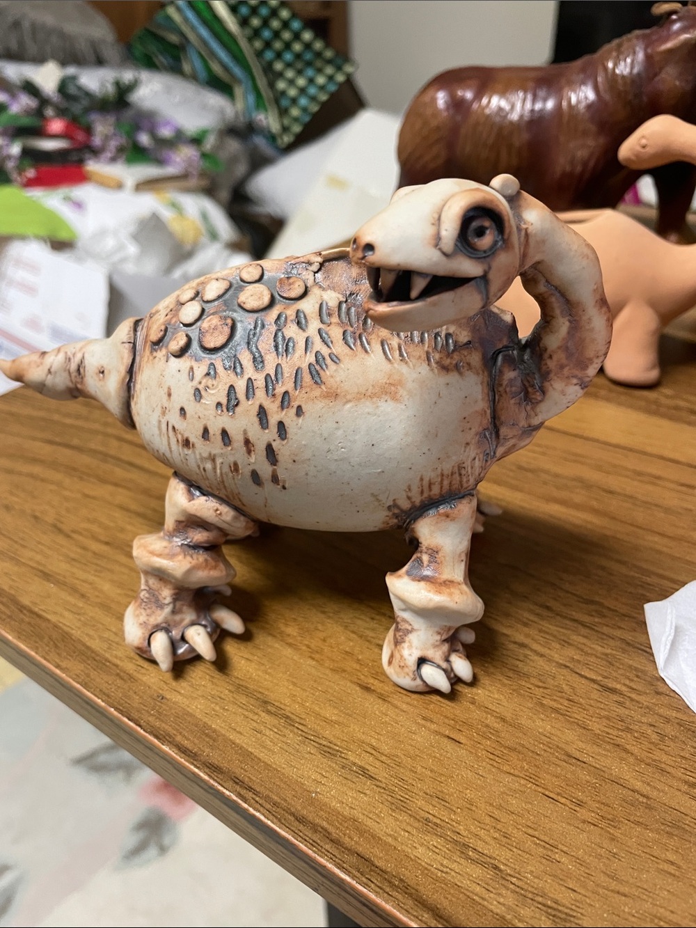 Ceramic Fantasy Creature Figurine in Cream and Brown